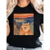 Korkmuş Kedi Baskılı T-shirt, Bahar ve Yaz için Rahat Kısa Kollu Üst, Kadın Giyim