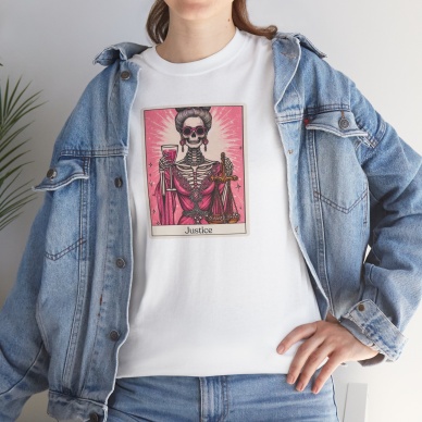 Unisex Justice Tarot Kart Baskılı Beyaz Basic Tshirt