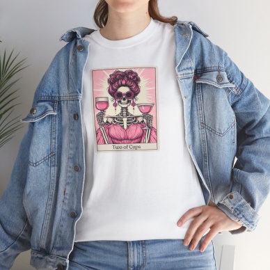 Unisex Two of Cups Tarot Kart Baskılı Beyaz Basic Tshirt