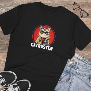 Unisex Catbuster Baskılı Siyah Basic Tshirt