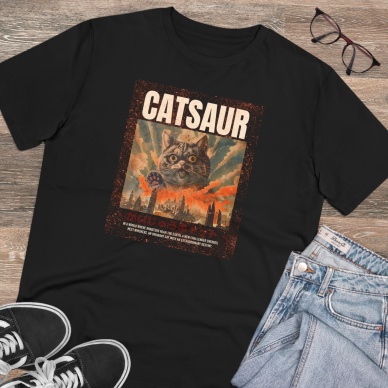 Unisex Catsaur Baskılı Siyah Basic Tshirt