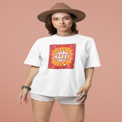 Unisex Think Happy Thoughts Baskılı Bohem Beyaz Basic Tshirt