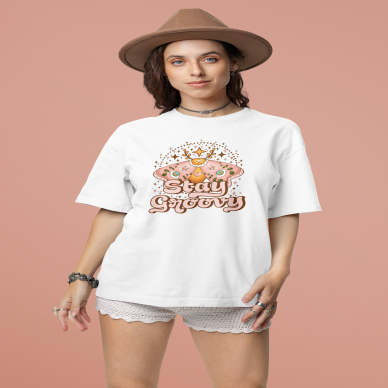 Unisex Stay Groovy Yazı Baskılı Bohem Beyaz Basic Tshirt