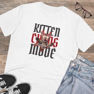 Unisex Kitten Chaos Mode Baskılı Beyaz Basic Tshirt