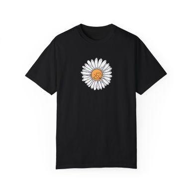 Unisex Cat Daisy Flower Baskılı Siyah Basic Tshirt