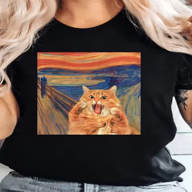 Korkmuş Kedi Baskılı T-shirt, Bahar ve Yaz için Rahat Kısa Kollu Üst, Kadın Giyim