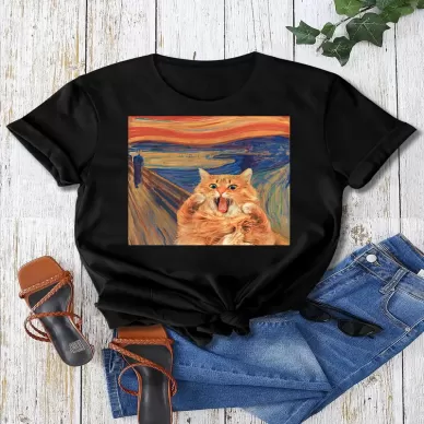 Korkmuş Kedi Baskılı T-shirt, Bahar ve Yaz için Rahat Kısa Kollu Üst, Kadın Giyim