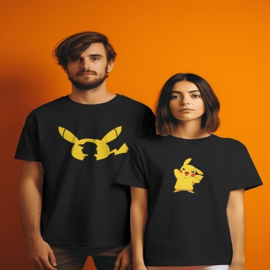 Pikachu Çift Kombini Unisex kadın erkek siyah Normal kalıp T-shirt (Tek ürün fiyatıdır.)