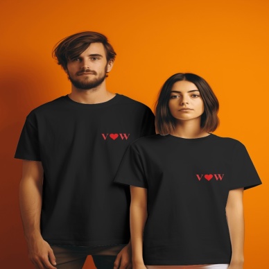 Vow Yazılı Kalp Tasarım Çift Kombini Siyah Beyaz düz kalıp T-shirt(Tek ürün fiyatıdır)