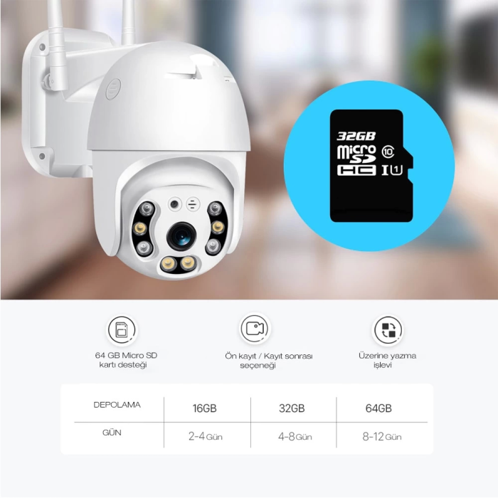 2.0 Mp Hd Lens İç Dış Mekan Suya Danıklı Ip Wifi Network Güvenlik Kamerası 32 Gb Hafıza Kartlı