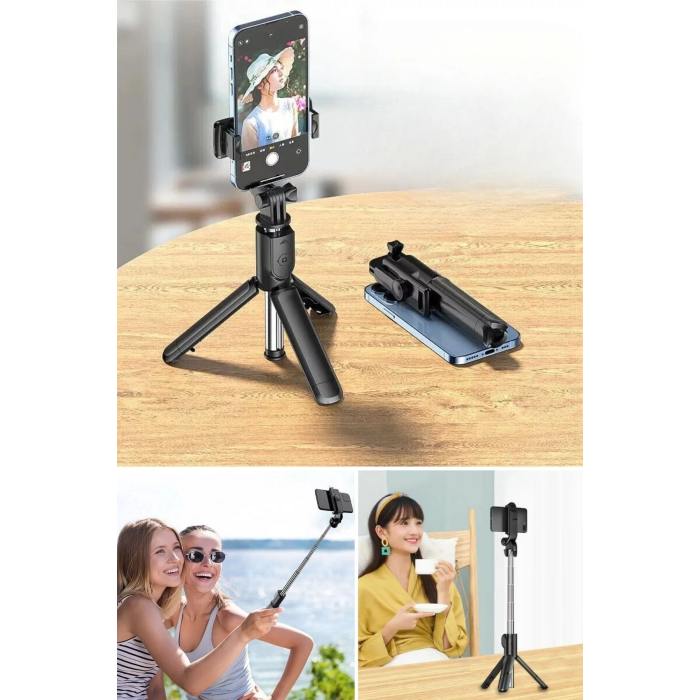 Masaüstü Tripod Olabilen Telefon Tutuculu Kablosuz Kumandalı Selfie Çubuğu