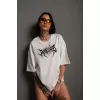 Unisex Bisiklet Yaka Baskılı Oversize T-Shirt - Beyaz