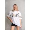 Unisex Bisiklet Yaka Baskılı Oversize T-Shirt - Beyaz