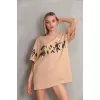 Unisex Bisiklet Yaka Baskılı Oversize T-Shirt - Bej