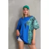 Unisex Bisiklet Yaka Baskılı Oversize T-Shirt - Mavi