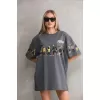 Unisex Bisiklet Yaka Baskılı Oversize T-Shirt - Gri