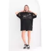 Unisex Bisiklet Yaka Baskılı Oversize T-Shirt - Siyah