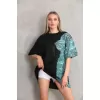 Unisex Bisiklet Yaka Baskılı Oversize T-Shirt - Siyah