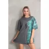 Unisex Bisiklet Yaka Baskılı Oversize T-Shirt - Gri