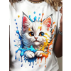 Kadın Kedi Baskılı Bisiklet Yaka Süprem T-shirt