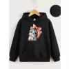 Çocuk Unisex Kapüşonlu Tatlı Kedi Baskılı Sweatshirt - Siyah