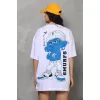 Unisex Bisiklet Yaka Baskılı Oversize T-Shirt - Beyaz