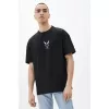 Unisex Bisiklet Yaka Baskılı Oversize T-Shirt - Siyah