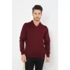 Unisex Uzun Kol V Yaka Triko Kazak - Bordo