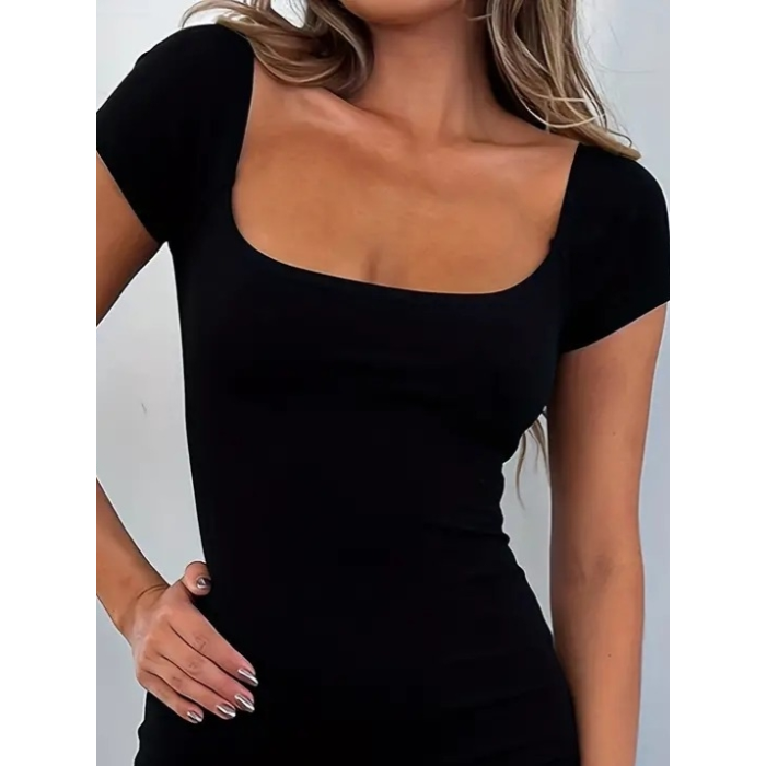 Kadın Kısa Kollu Kare Yaka Mini Bodycon Dalgıç Tulum