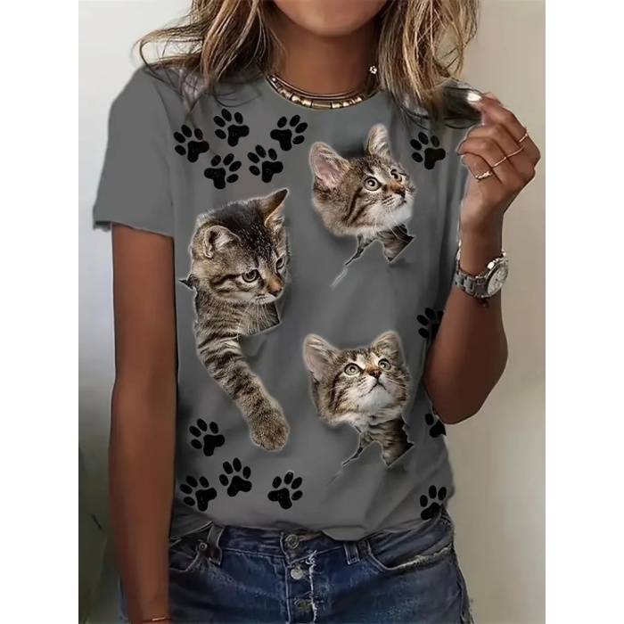 Kadın Kısa Kollu Kedi Ve Pati Baskılı Süprem T-shirt