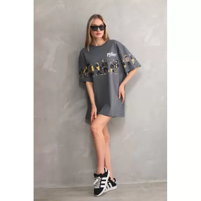 Unisex Bisiklet Yaka Baskılı Oversize T-Shirt - Gri