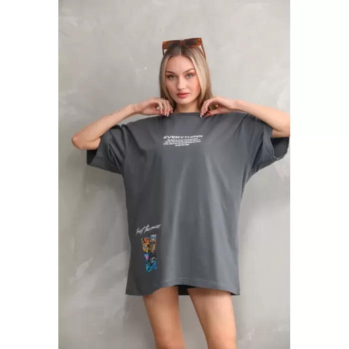 Unisex Bisiklet Yaka Baskılı Oversize T-Shirt - Gri