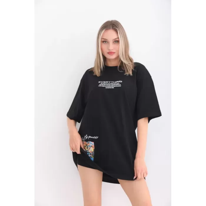 Unisex Bisiklet Yaka Baskılı Oversize T-Shirt - Siyah