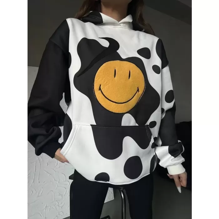 Smiley Face Kapüşonlu Sweatshirt - Siyah