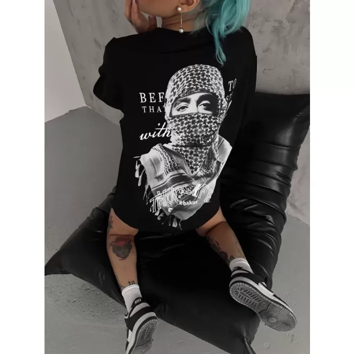 Unisex Baskılı Oversize T-Shirt - Siyah