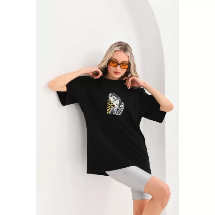 Unisex Baskılı Oversize T-Shirt - Siyah