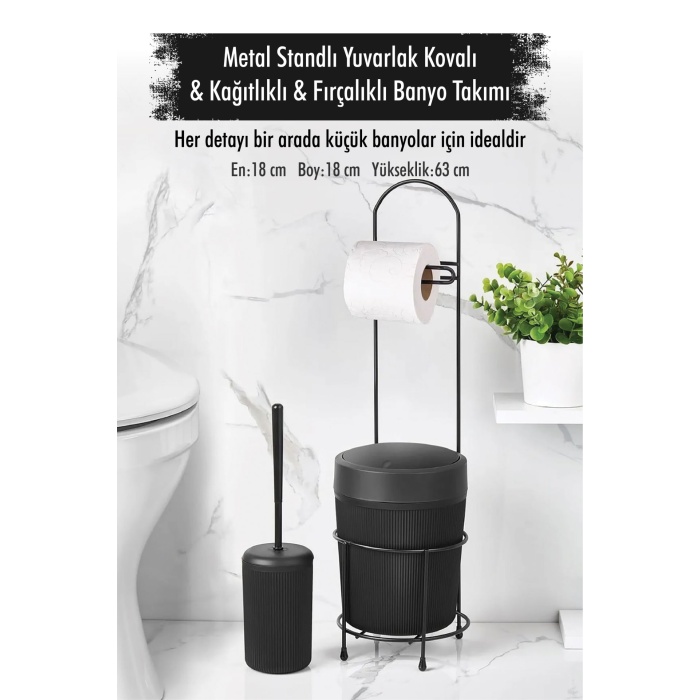 Metal Standlı Yuvarlak Kovalı & Kağıtlıklı & Fırçalıklı Beyaz Banyo Takımı