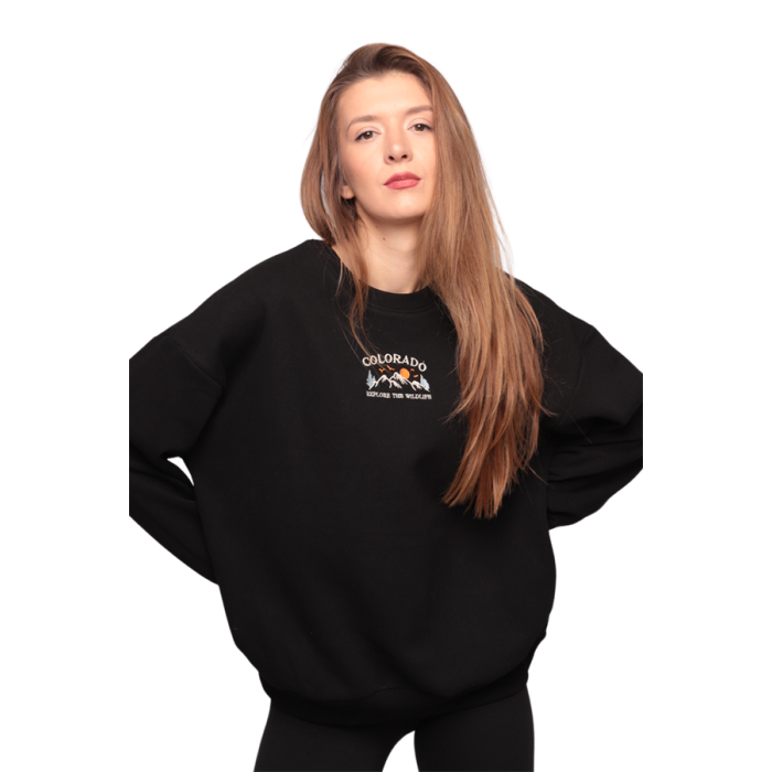 Nakışlı 3 İplik Kadın Sweatshirt 5808 | Siyah