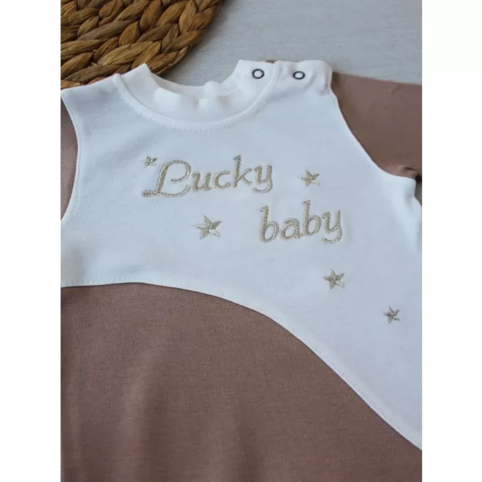 Lucky Baby Nakışlı Es Çizgi Boy Şapkalı Erkek Bebek Tulumu Kahverengi