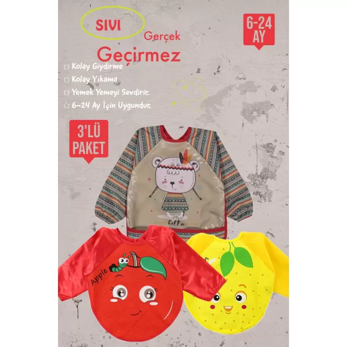 Meyve Figürlü Sıvı Geçirmez 3lü Paket Uzun Kollu Mama Önlüğü