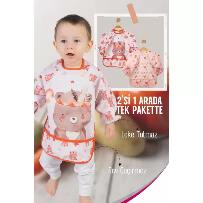 Bohem Bear Desenli 2li Kombin Kollu Mama Önlüğü