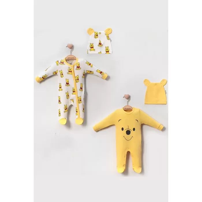 Ayıcık Pooh Baskılı Şapkalı 2 Adet 2Li Unisex Bebek Tulum