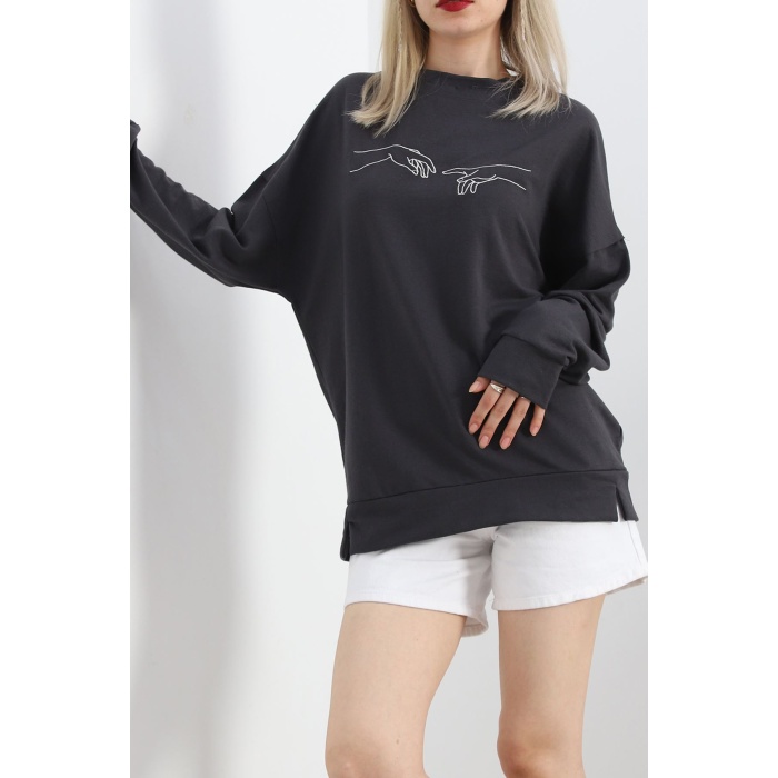 Nakışlı İki İplik Tunik Sweat Füme - 21173.200.