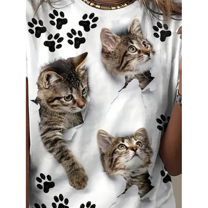 Kadın Kısa Kollu Kedi Ve Pati Baskılı Süprem T-shirt