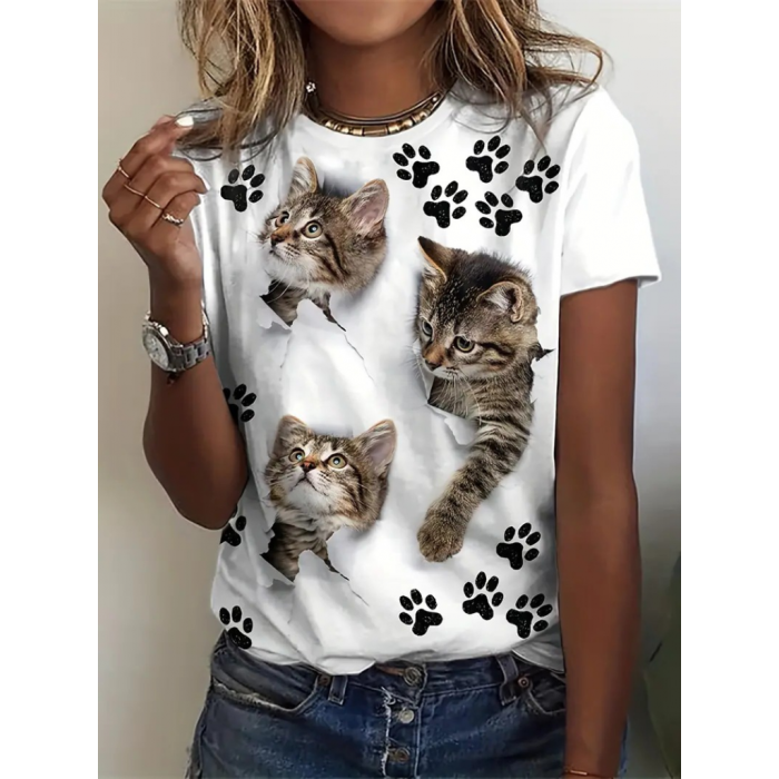 Kadın Kısa Kollu Kedi Ve Pati Baskılı Süprem T-shirt