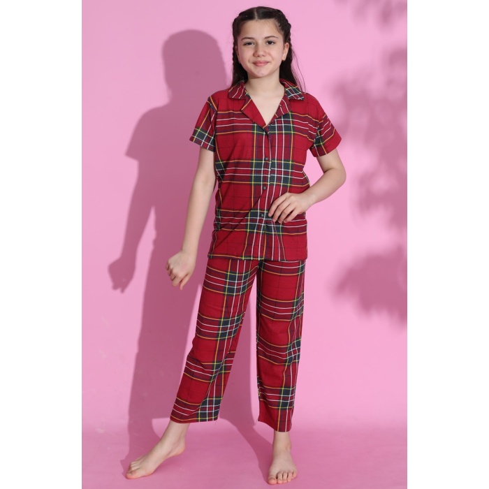 4-13 Yaş Çocuk Pijama Takımı Bordokareli - 403.1287.