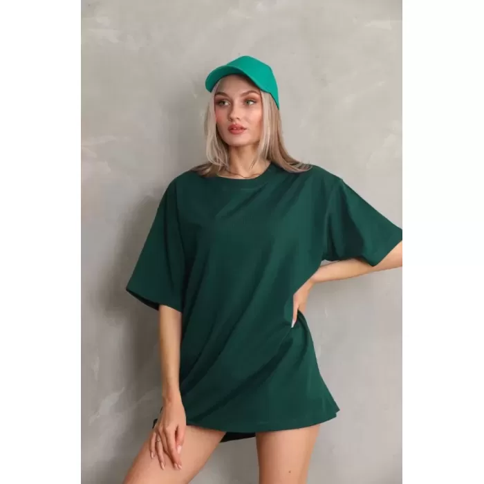 Unisex Bisiklet Yaka 20/1 Düz Oversize T-Shirt - Yeşil