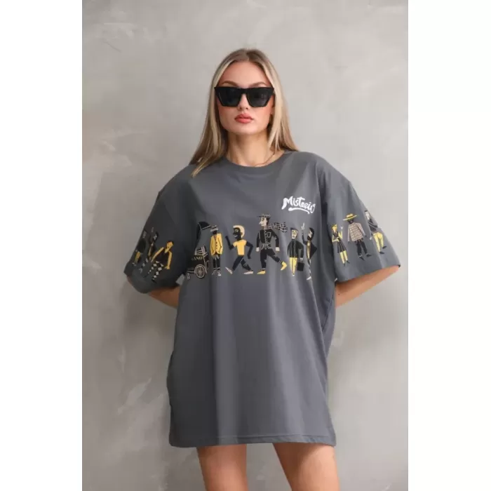 Unisex Bisiklet Yaka Baskılı Oversize T-Shirt - Gri