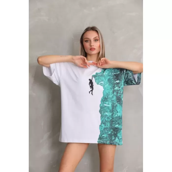 Unisex Bisiklet Yaka Baskılı Oversize T-Shirt - Beyaz