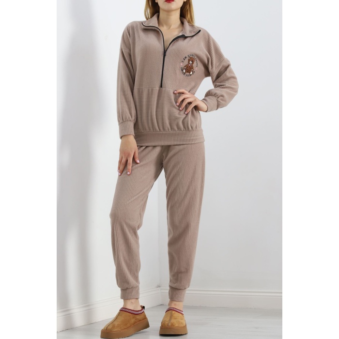 Baskılı Polar Pijama Takım Vizon - 101002.1049.